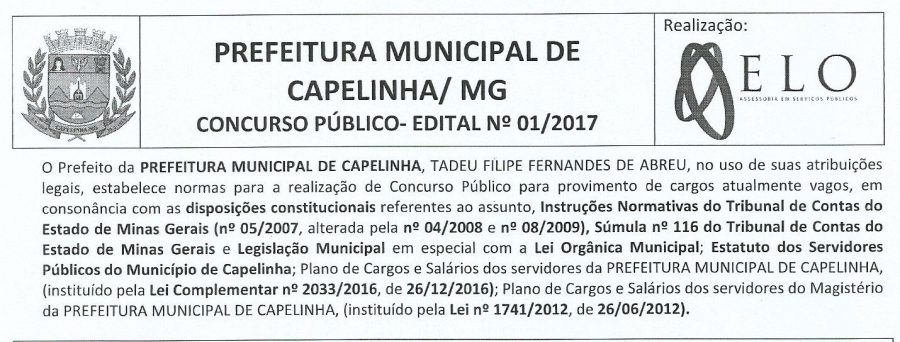PUBLICADO EDITAL DO CONCURSO PÚBLICO DE CAPELINHA